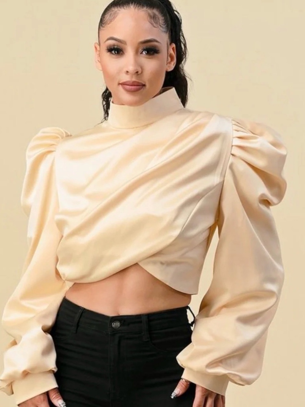 High-Neck Satin Puff-Sleeve Crop Top in Cream